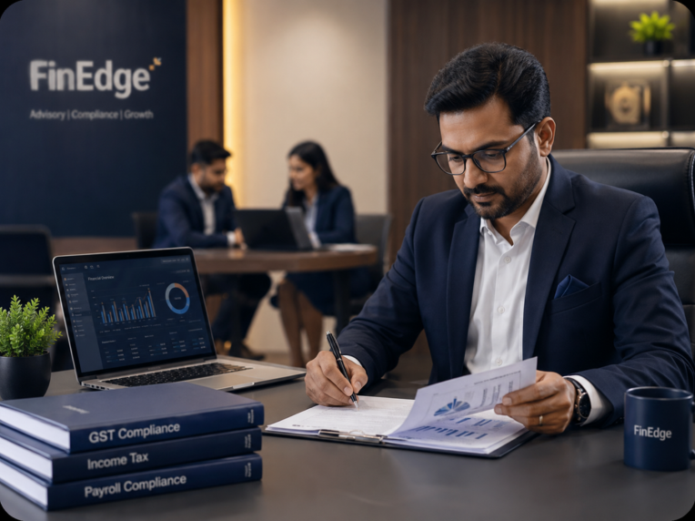 FinEdge founder reviewing financials at the Indore office